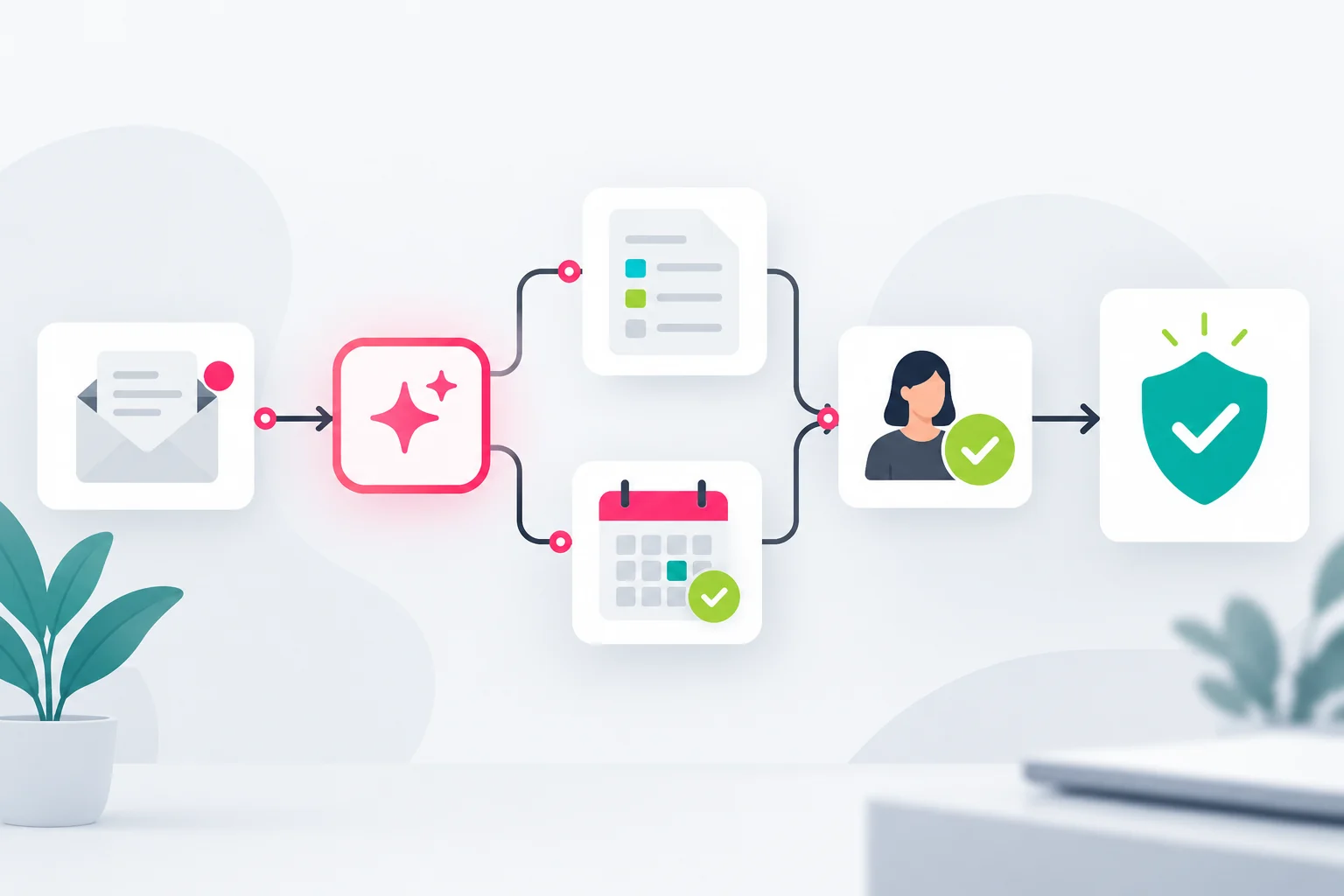 Illustration eines KI-Assistenten, der Anfragen, Dokumente und Unternehmenswerkzeuge in einem geregelten Ablauf verbindet