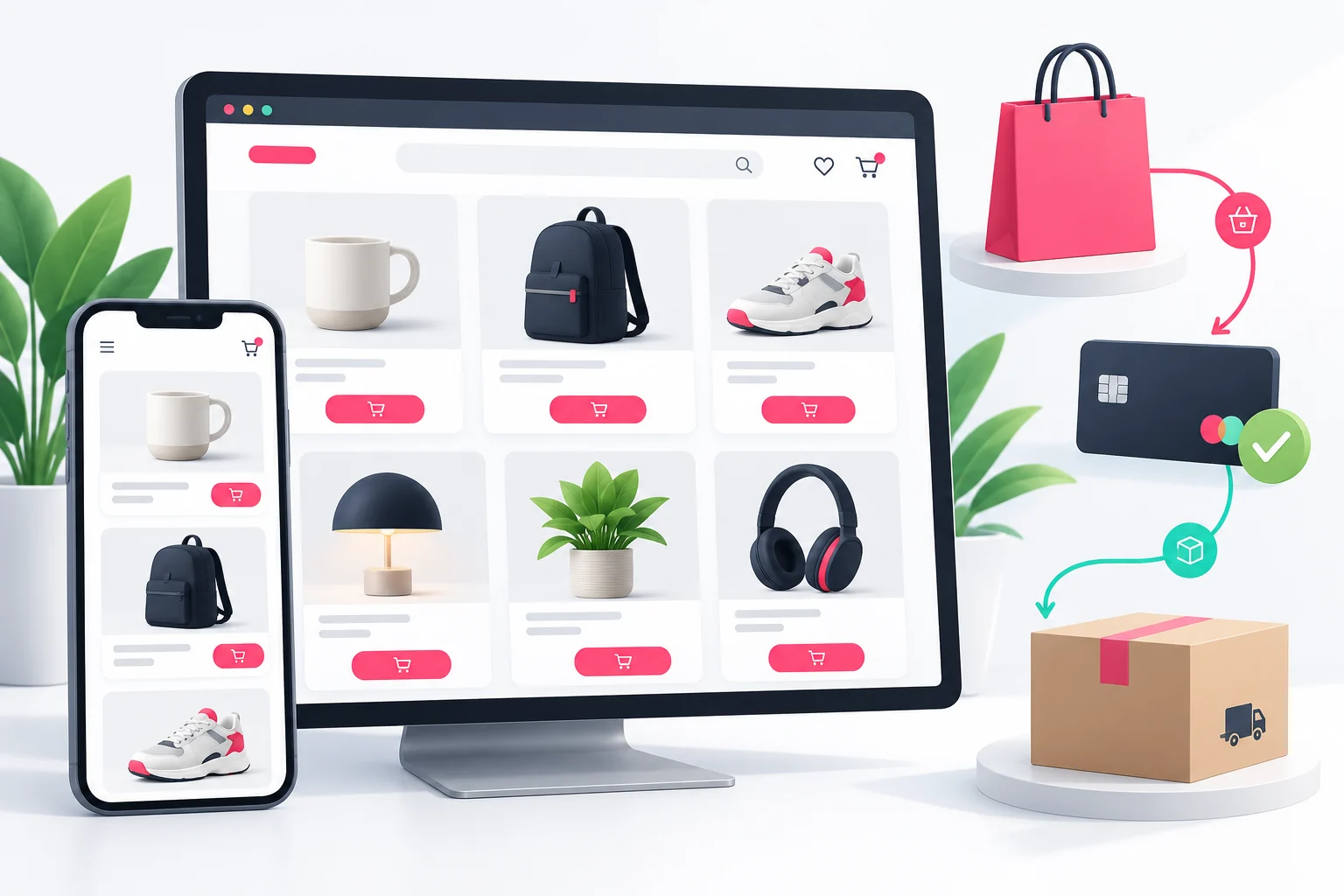 Moderner Online-Shop mit Produktansichten auf Laptop und Smartphone in der IT-Finecode-Farbwelt