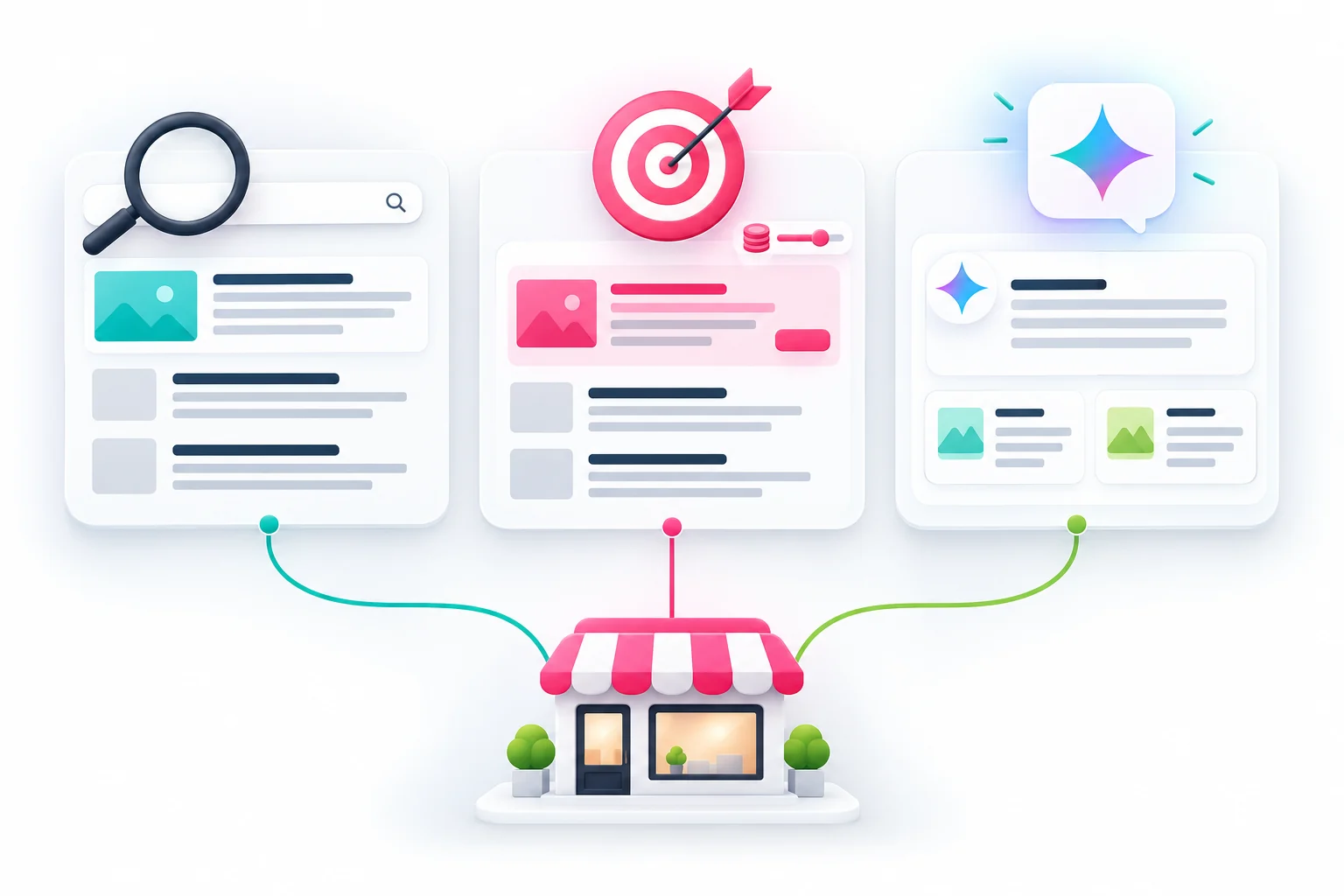 Illustration einer Unternehmenswebsite zwischen organischen Suchergebnissen, einer Suchanzeige und einer KI-Antwort