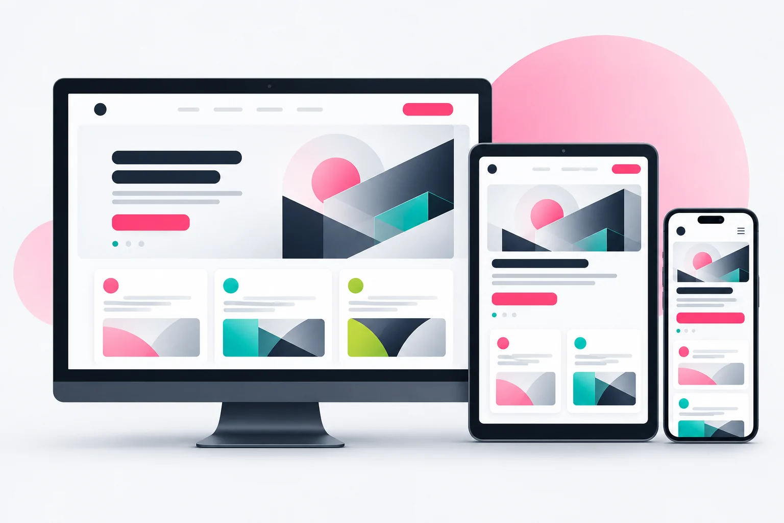 Dieselbe individuell gestaltete Unternehmenswebsite auf Desktop-Monitor, Tablet und Smartphone