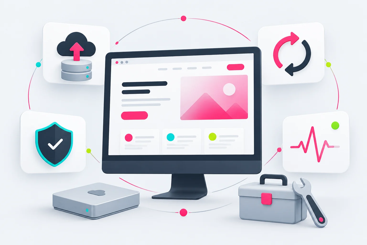 Konzeptgrafik eines betreuten Webauftritts mit Datensicherung, Update-Prüfung und persönlicher Unterstützung